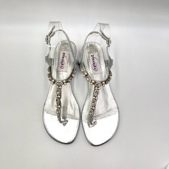 6.5W 6.5 WIDE Dyeables Silver Jeweled T-Strap Low Wedge‎ Dress Sandals Shoes - Picture 3 of 13
